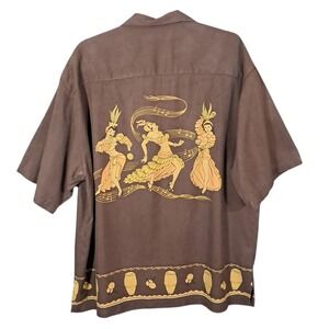 Tommy Bahama Shirt Mens XL Brown Silk Cuban Girls Dacing Music Loop Camp Collar